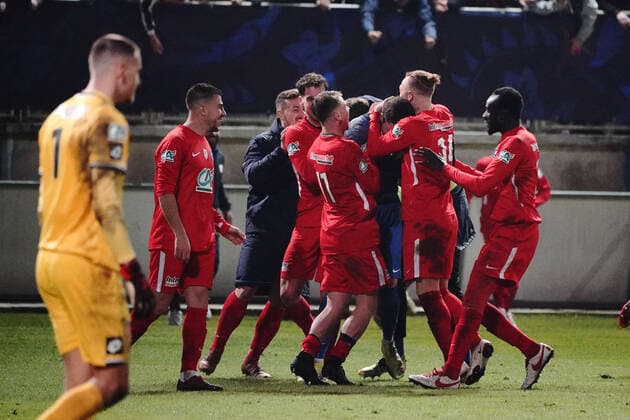 Fin de match - Joie AS Cannes - Florian Verplanck (AS Cannes) FOOTBALL : AS Cannes vs Dijon FCO - 32 eme de finale de Coupe de France - Cannes - 18 12 2021 NorbertScanella Panoramic 