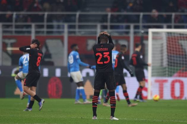 Sport Themen der Woche KW50 Milan, Italy, 19th December 2021. Fikayo Tomori and Sandro Tonali of AC Milan react after team mate Junior Messias of AC Milan went close to equalising during the Serie A match at Giuseppe Meazza, Milan. Picture credit should read: Jonathan Moscrop Sportimage EDITORIAL USE ONLY. No use with unauthorised audio, video, data, fixture lists, club league logos or live services. Online in-match use limited to 120 images, no video emulation. No use in betting, games or single club league player publications. SPI-1404-0025