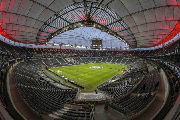 Fußball 1. Bundesliga 15. Spieltag Eintracht Frankfurt - Bayer 04 Leverkusen am 12.12.2021 im Deutsche Bank Park in Frankfurt Feature, Symbol, Symbolfoto, charakteristisch, Detail - Drohen der Bundesliga wieder Geisterspiele? - Stadionpanorama Deutsche Bank Park