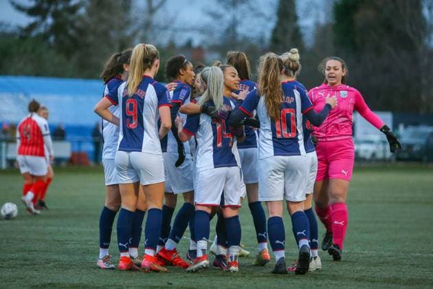Sutton Coldfield, England, Decem West Brom players celebrate the first goal at the Central Ground in the FA Women s National League Plate match between West Brom and Cheltenham Town. Gareth Evans SPP West Bromwich Albion Women vs Cheltenham Town Women - FA Womens National League Plate - Central Ground 