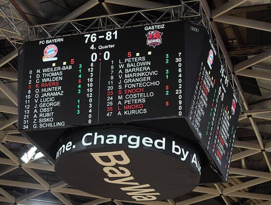 23.12.2021, xemx, Basketball Euroleague, FC Bayern Muenchen - Baskonia Vitoria Gasteiz emspor, v.l. Spielstand nach Spielende Anzeigetafel Muenchen