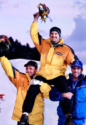 HACKL Georg Team GER Rodeln Olympiasieger mit MUELLER Jens und ZOEGGELER Armin Olympische Winterspiele 1998 in Nagano Japan vom 07. - 22. 02 1998 am 9. 02.1998 in Nagano *** HACKL Georg Team GER Luge Olympic Champion with MUELLER Jens and ZOEGGELER Armin Olympic Winter Games 1998 in Nagano Japan from 07 22 02 1998 on 9 02 1998 in Nagano
