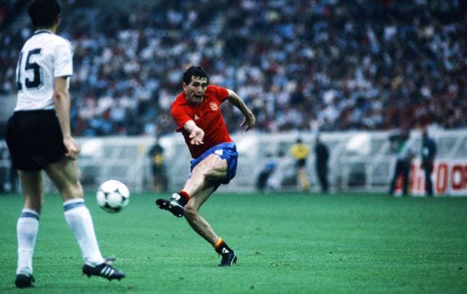 20.06.84 Spanien - Deutschland Frankreich, Paris, 20.06.1984, Fussball, UEFA, EM Europameisterschaft 1984 in Frankreich, Spanien - DFB Deutschland (1:0): Rafael Gordillo (Spanien).