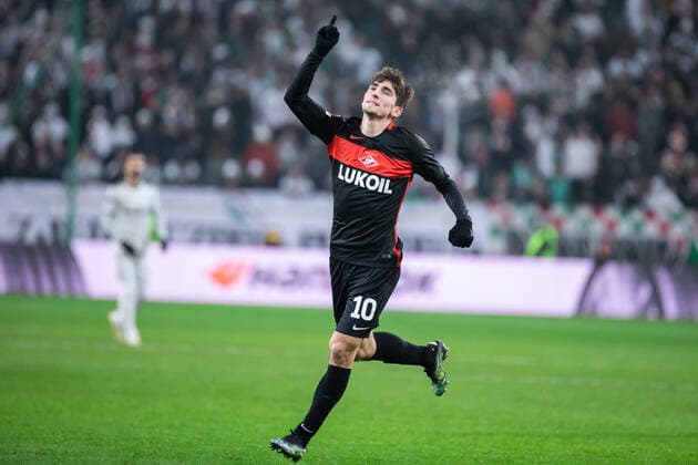 December 9, 2021, Warsaw, Poland: Zelimkhan Bakaev of Spartak celebrates after scoring a goal during the UEFA Europa League Group Stage match between Legia Warszawa and Spartak Moscow at Marshal Jozef Pilsudski Legia Warsaw Municipal Stadium..Final score; Legia Warszawa 0:1 Spartak Moscow. Warsaw Poland - ZUMAs197 20211209_zaa_s197_267 Copyright: xMikolajxBarbanellx
