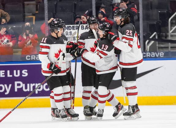 December 28, 2021, EDMONTON, AB, CANADA: Canada celebrates a goal against Austria during first period IIHF World Junior Hockey Championship action in Edmonton on Tuesday, December 28, 2021. Canada News - December 28, 2021  - ZUMAc35_ 20211228_zaf_c35_060 Copyright: xJasonxFransonx