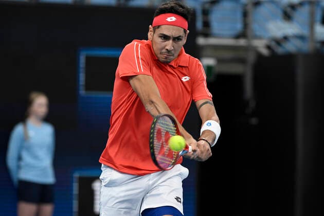 1st January 2022; Ken Rosewall Arena, Sydney, New South Wales, Australia; ATP, Tennis Herren Cup Australia, Sydney, Day 1 Chile versus Spain; Alejandro Tabilo of Chile hits a backhand to Pablo Carreno Busta of Spain  ActionPlus12351845 NigelxOwen