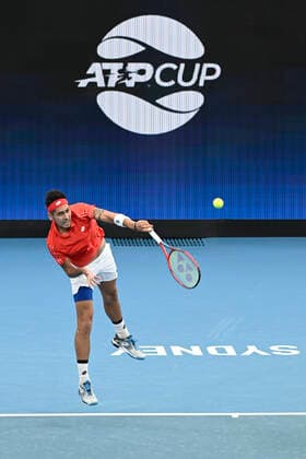 1st January 2022; Ken Rosewall Arena, Sydney, New South Wales, Australia; ATP, Tennis Herren Cup Australia, Sydney, Day 1 Chile versus Spain; Alejandro Tabilo of Chile serves to Pablo Carreno Busta of Spain  ActionPlus12351864 NigelxOwen
