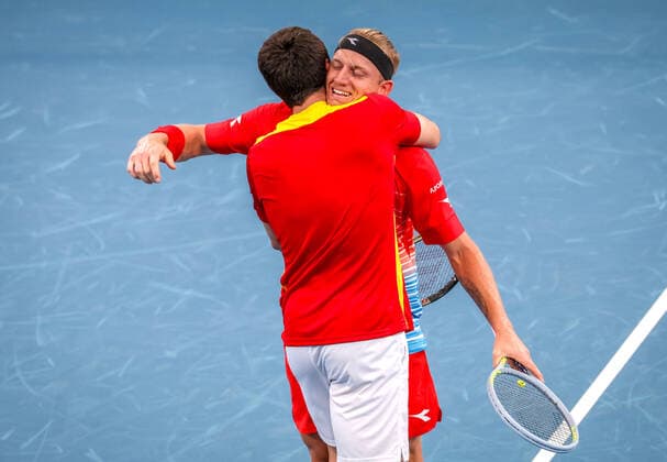 TENNIS ATP, Tennis Herren CUP, Alejandro Davidovich Fokina (R) and Pedro Martinez of Team Spain celebrate after winning their doubles match against Tomas Barrios Vera and Alejandro Table of Team Chile during Day 1 of the ATP Cup tournament at Ken Rosewall Arena in Sydney, Saturday, January 1, 2022. ( NO ARCHIVING, EDITORIAL USE ONLY, NO USE IN BOOKS WITHOUT CONSENT SYDNEY NSW AUSTRALIA  Copyright: xDAVIDxGRAYx 20220101001610109324