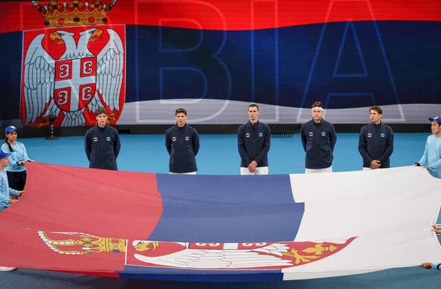 TENNIS ATP, Tennis Herren CUP, Players of Team Serbia stand together for the playing of their national anthem before their games against Team Norway during Day 1 of the ATP Cup tournament at Ken Rosewall Arena in Sydney, Saturday, January 1, 2022. ( NO ARCHIVING, EDITORIAL USE ONLY, NO USE IN BOOKS WITHOUT CONSENT SYDNEY NSW AUSTRALIA  Copyright: xDAVIDxGRAYx 20220101001610117479