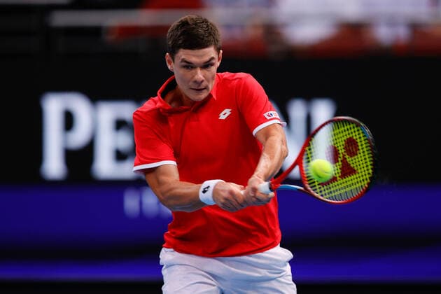 Kamil Majchrzak of Team Poland plays a shot against Michail Pervolarakis of Team Greece during the ATP, Tennis Herren Cup match at Sydney Olympic Park Tennis Centre, Sydney, Australia on 1 January 2022. Copyright: xPeterxDovganx 30460008