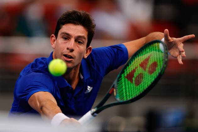 Michail Pervolarakis of Team Greece plays a shot against Kamil Majchrzak of Team Poland during the ATP, Tennis Herren Cup at Sydney Olympic Park Tennis Centre, Sydney, Australia on 1 January 2022. Copyright: xPeterxDovganx 30460011