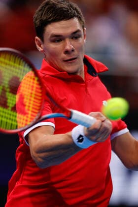 Kamil Majchrzak of Team Poland plays a shot against Michail Pervolarakis of Team Greece during the ATP, Tennis Herren Cup match at Sydney Olympic Park Tennis Centre, Sydney, Australia on 1 January 2022. Copyright: xPeterxDovganx 30460013