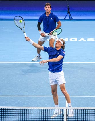 TENNIS ATP, Tennis Herren CUP, Stefanos Tsitsipas and Michail Pervolarakis of Team Greece play during their doubles match against Hubert Hurkacz and Jan Zielinski of Team Poland during Day 1 of the ATP Cup tournament at Ken Rosewall Arena in Sydney, Saturday, January 1, 2022. ( NO ARCHIVING, EDITORIAL USE ONLY, NO USE IN BOOKS WITHOUT CONSENT SYDNEY NSW AUSTRALIA  Copyright: xDAVIDxGRAYx 20220101001610131391