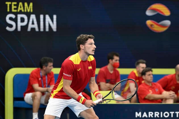 1st January 2022; Ken Rosewall Arena, Sydney, New South Wales, Australia; ATP, Tennis Herren Cup Australia, Sydney, Day 1 Chile versus Spain; Pablo Carreno Busta of Spain prepares to receive service from Alejandro Tabilo of Chile  ActionPlus12351973 NigelxOwen