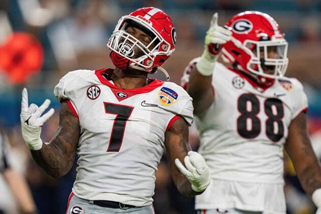 Georgia Bulldogs linebacker Quay Walker (7) celebrates during the Capital One Orange Bowl NCAA, College League, USA College Football Playoff game between Georgia and Michigan on Friday December 31, 2021 at Hard Rock Stadium in Miami Gardens, FL. CSM Miami Gardens United States of America - ZUMAc04_ 20211231_zaf_c04_123 Copyright: xJacobxKupfermanx