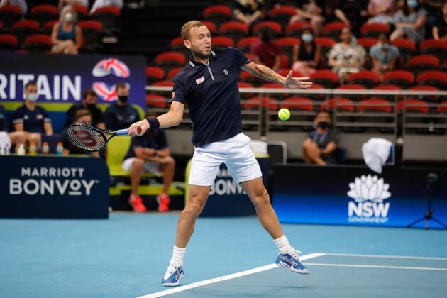 Daniel Evans of Team Great Britain plays a shot against Jan-Lennard Struff of Team Germany during the ATP, Tennis Herren Cup at Qudos Bank Arena, Sydney Olympic Park Tennis Centre, Sydney, Australia on 2 January 2022. Copyright: xPeterxDovganx 30460095