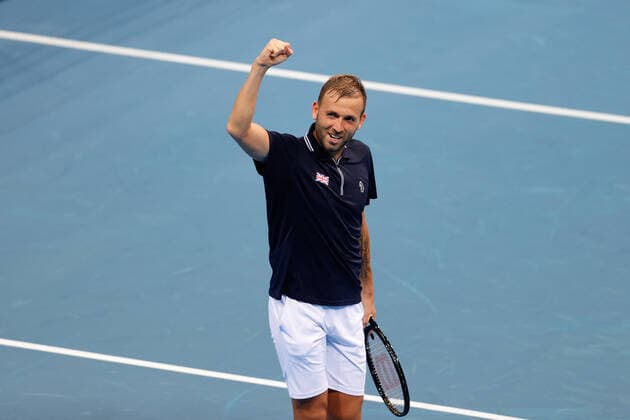 Daniel Evans of Team Great Britain celebrates defeating Jan-Lennard Struff of Team Germany during the ATP, Tennis Herren Cup at Qudos Bank Arena, Sydney Olympic Park Tennis Centre, Sydney, Australia on 2 January 2022. Copyright: xPeterxDovganx 30460100
