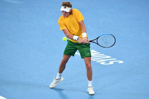 TENNIS ATP, Tennis Herren CUP, Australia?s Max Purcell in action against Italy?s Jannik Sinner in their singles match on day 2 of the ATP Cup tennis tournament at Ken Rosewall Arena in Sydney, Sunday, January 2, 2022. ( NO ARCHIVING, EDITORIAL USE ONLY, NO USE IN BOOKS WITHOUT CONSENT SYDNEY NSW AUSTRALIA  Copyright: xMICKxTSIKASx 20220102001610302006