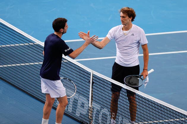 Cameron Norrie of Team Great Britain congratulates Alexander Zverev of Team Germany during the ATP, Tennis Herren Cup at Qudos Bank Arena, Sydney Olympic Park Tennis Centre, Sydney, Australia on 2 January 2022. Copyright: xPeterxDovganx 30460151
