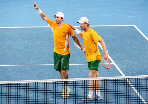 TENNIS ATP, Tennis Herren CUP, John Peers and Luke Saville (R) of Team Australia celebrate winning their doubles match against Matteo Berrettini and Simone Bolelli of Team Italy on day 2 of the ATP Cup tennis tournament at Qudos Arena in Sydney, Sunday, January 2, 2022. ( NO ARCHIVING, EDITORIAL USE ONLY, NO USE IN BOOKS WITHOUT CONSENT SYDNEY NSW AUSTRALIA  Copyright: xDAVIDxGRAYx 20220102001610325747