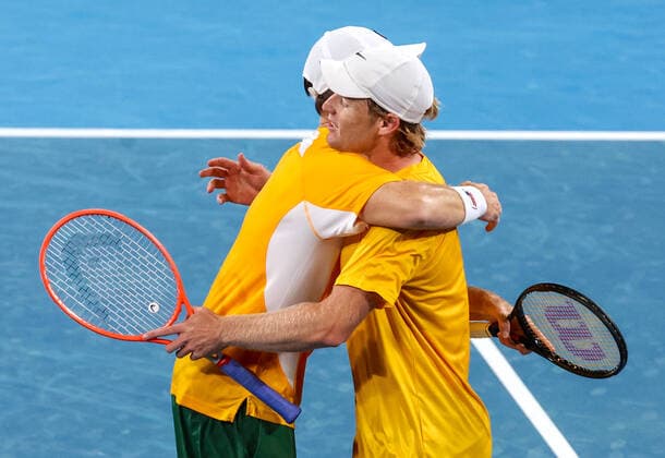 TENNIS ATP, Tennis Herren CUP, John Peers and Luke Saville (R) of Team Australia celebrate winning their doubles match against Matteo Berrettini and Simone Bolelli of Team Italy on day 2 of the ATP Cup tennis tournament at Qudos Arena in Sydney, Sunday, January 2, 2022. ( NO ARCHIVING, EDITORIAL USE ONLY, NO USE IN BOOKS WITHOUT CONSENT SYDNEY NSW AUSTRALIA  Copyright: xDAVIDxGRAYx 20220102001610325790