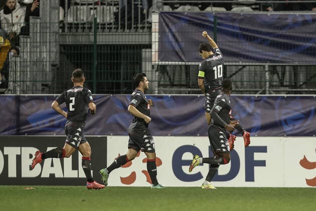Joie des joueurs de l AS Monaco apres le but de Wissam Ben Yedder (AS Monaco) FOOTBALL : 16e finale de la Coupe de France - Quevilly-Rouen vs AS Monaco - 02 01 2022 AurelienMorissard Panoramic 