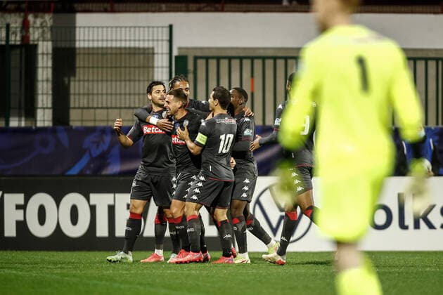 Joie des joueurs de l AS Monaco apres le but de Kevin Volland (AS Monaco) FOOTBALL : 16e finale de la Coupe de France - Quevilly-Rouen vs AS Monaco - 02 01 2022 AurelienMorissard Panoramic 