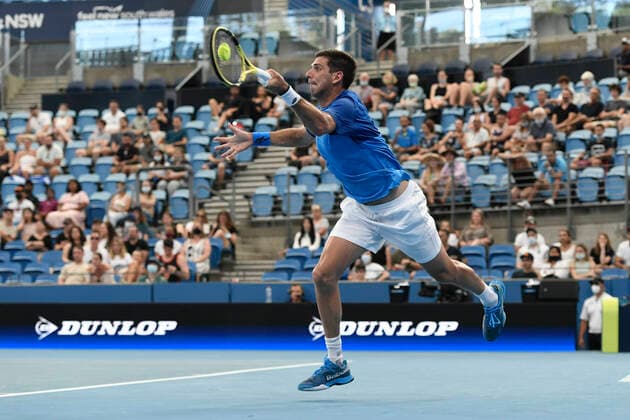 3rd January 2022: Ken Rosewall Arena, Sydney Olympic Park, Sydney, Australia; ATP, Tennis Herren Cup tennis tournament, Day 3 Greece versus Argentina; Federico Delbonis of Team Argentina hits a forehand to Michail Pervolarakis of Team Greece  ActionPlus12352858 NigelxOwen