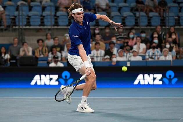 3rd January 2022: Ken Rosewall Arena, Sydney Olympic Park, Sydney, Australia; ATP, Tennis Herren Cup tennis tournament, Day 3 Greece versus Argentina; Stefanos Tsitsipas of Team Greece hits a running forehand to Diego Schwartzman of Team Argentina  ActionPlus12352900 NigelxOwen
