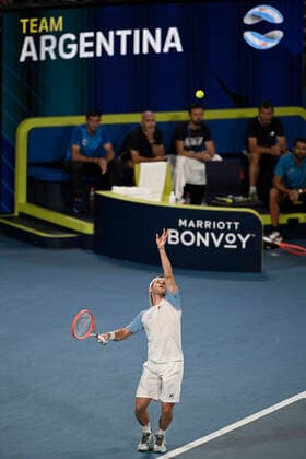 3rd January 2022: Ken Rosewall Arena, Sydney Olympic Park, Sydney, Australia; ATP, Tennis Herren Cup tennis tournament, Day 3 Greece versus Argentina; Diego Schwartzman of Team Argentina serves to Stefanos Tsitsipas of Team Greece  ActionPlus12352911 NigelxOwen