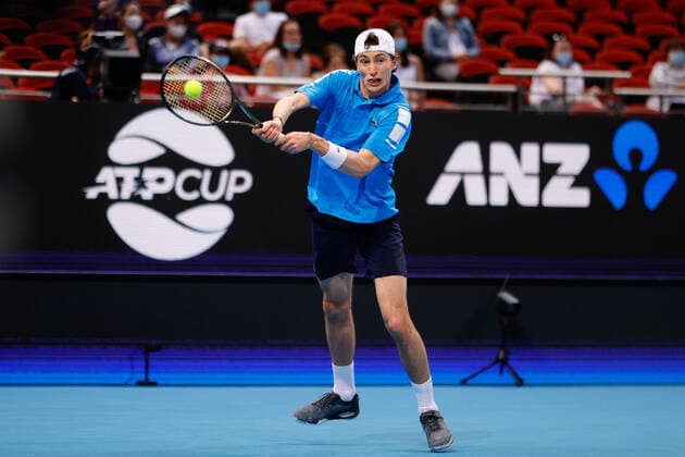 Ugo Humbert of Team France plays a shot against Matteo Berrettini of Team Italy during the ATP, Tennis Herren Cup at Qudos Bank Arena, Sydney Olympic Park Tennis Centre, Sydney, Australia on 4 January 2022. Copyright: xPeterxDovganx 30460215
