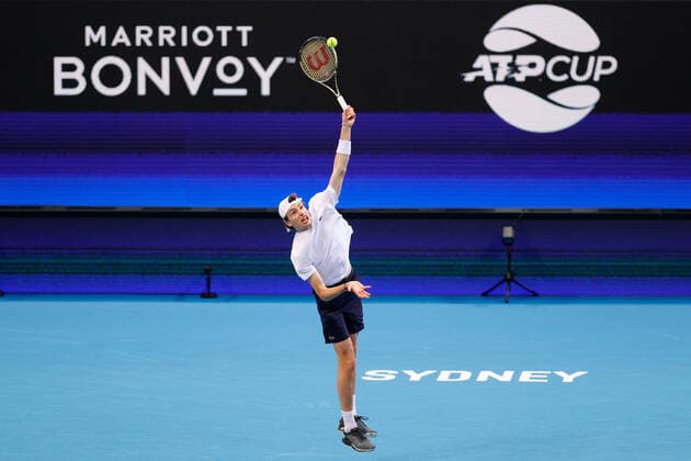 Ugo Humbert of Team France serves against Matteo Berrettini of Team Italy during the ATP, Tennis Herren Cup at Qudos Bank Arena, Sydney Olympic Park Tennis Centre, Sydney, Australia on 4 January 2022. Copyright: xPeterxDovganx 30460233