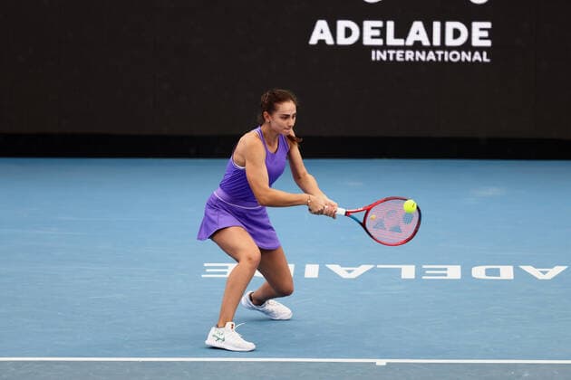 ADELAIDE, AUSTRALIA - JANUARY 04: Anastasia Gasanova of Russia hits a backhand during the WTA, Tennis Damen singles match between Elina Svitolina of Ukraine and Anastasia Gasanova of Russia on day two of the Adelaide International tennis tournament at Memorial Drive on January 04, 2022 in Adelaide, Australia. (Photo by Peter Mundy Speed Media Icon Sportswire) TENNIS: JAN 04 - Adelaide International Icon220104008
