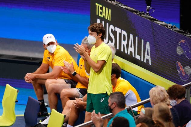 Alex De Minaur of Team Australia encourages James Duckworth of Team Australia during the ATP, Tennis Herren Cup at Qudos Bank Arena, Sydney Olympic Park Tennis Centre, Sydney, Australia on 4 January 2022. Copyright: xPeterxDovganx 30460266