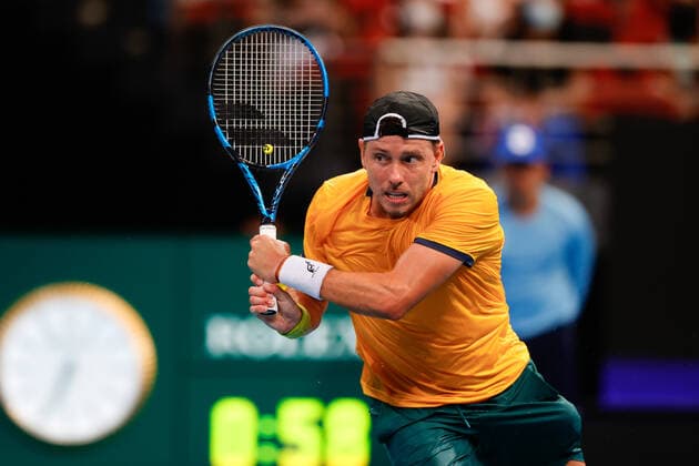 James Duckworth of Team Australia plays a shot against Roman Safiullin of Team Russia during the ATP, Tennis Herren Cup at Qudos Bank Arena, Sydney Olympic Park Tennis Centre, Sydney, Australia on 4 January 2022. Copyright: xPeterxDovganx 30460276