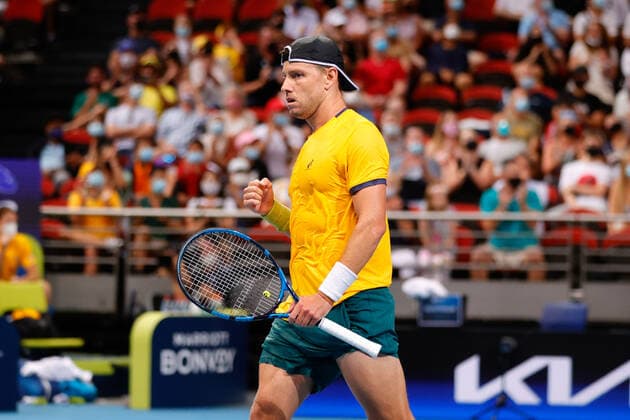 James Duckworth of Team Australia pumps his fist against Roman Safiullin of Team Russia during the ATP, Tennis Herren Cup at Qudos Bank Arena, Sydney Olympic Park Tennis Centre, Sydney, Australia on 4 January 2022. Copyright: xPeterxDovganx 30460281