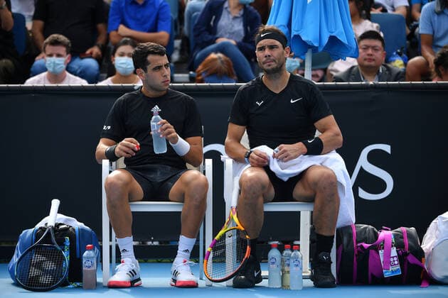TENNIS MELBOURNE SUMMER SET, Rafael Nadal (right) and Jaume Munar of Spain during a doubles against Tomas Martin Etcheverry and Sebastian Baez of Argentina on Day 2 of the Melbourne Summer Set tennis tournament at Melbourne Park in Melbourne, Tuesday, January 4, 2022. ( NO ARCHIVING, EDITORIAL USE ONLY, NO USE IN BOOKS WITHOUT CONSENT MELBOURNE VIC AUSTRALIA  Copyright: xJAMESxROSSx 0146915349st