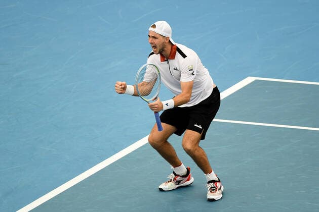 SYDNEY, AUSTRALIA - JANUARY 04: Jan-Lennard Struff of Germany celebrates winning the the ATP, Tennis Herren Cup Tennis match between Jan-Lennard Struff of Germany and John Isner of USA at Ken Rosewall Arena on January 04, 2022 in Sydney, Australia. (Photo by Steven Markham Icon Sportswire) TENNIS: JAN 04 ATP Cup Sydney Icon2201040069
