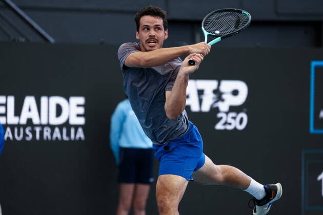 ADELAIDE, AUSTRALIA - JANUARY 04: Alex Bolt of Australia plays a backhand during the ATP, Tennis Herren singles match between Juan Manuel Cerundolo of Argentina and Alex Bolt of Australia on day two of the Adelaide International tennis tournament at Memorial Drive on January 04, 2022 in Adelaide, Australia. (Photo by Peter Mundy Speed Media Icon Sportswire) TENNIS: JAN 04 - Adelaide International Icon220104169