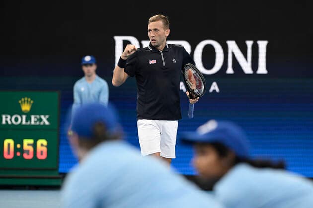 4th January 2022: Ken Rosewall Arena, Sydney Olympic Park, Sydney, Australia; ATP, Tennis Herren Cup tennis tournament, Day 4 Canada versus Great Britain; Daniel Evans of Team Great Britain reacts after winning a point in his match against Denis Shapovalov of Team Canada  ActionPlus12353158 NigelxOwen