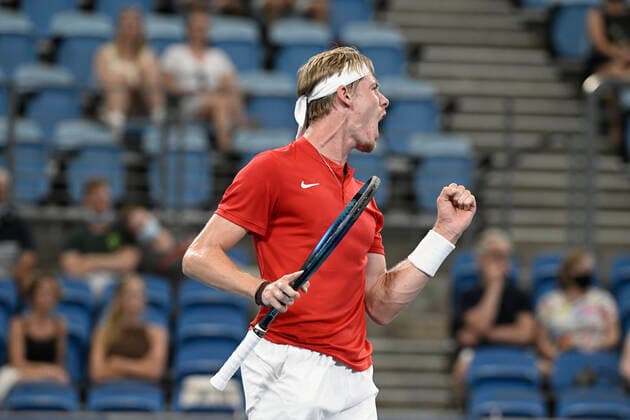 4th January 2022: Ken Rosewall Arena, Sydney Olympic Park, Sydney, Australia; ATP, Tennis Herren Cup tennis tournament, Day 4 Canada versus Great Britain; Denis Shapovalov of Team Canada reacts after winning a point in his match against Daniel Evans of Team Great Britain  ActionPlus12353161 NigelxOwen