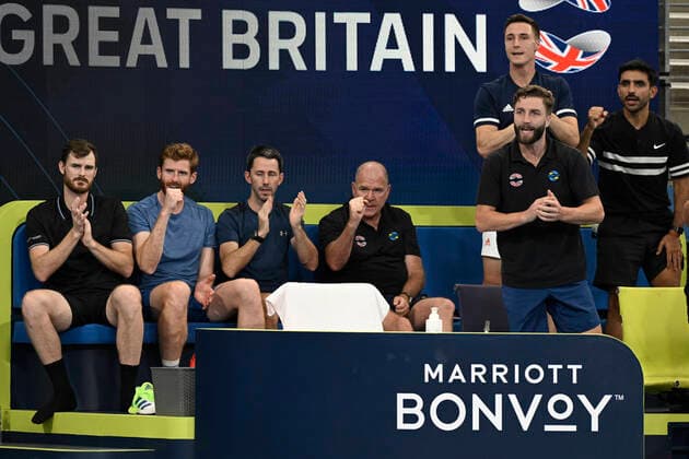 4th January 2022: Ken Rosewall Arena, Sydney Olympic Park, Sydney, Australia; ATP, Tennis Herren Cup tennis tournament, Day 4 Canada versus Great Britain; Team GB show their support for Daniel Evans of Team Great Britain  ActionPlus12353167 NigelxOwen