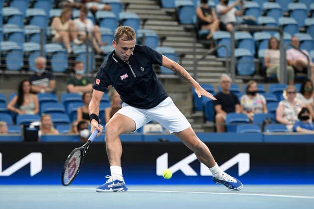 4th January 2022: Ken Rosewall Arena, Sydney Olympic Park, Sydney, Australia; ATP, Tennis Herren Cup tennis tournament, Day 4 Canada versus Great Britain; Daniel Evans of Team Great Britain hits a low forehand to Denis Shapovalov of Team Canada  ActionPlus12353190 NigelxOwen