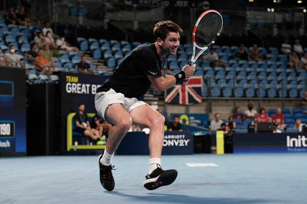 4th January 2022: Ken Rosewall Arena, Sydney Olympic Park, Sydney, Australia; ATP, Tennis Herren Cup tennis tournament, Day 4 Canada versus Great Britain; Cameron Norrie of Team Great Britain follows through on his shot in his tie against Felix Auger-Aliassime of Team Canada  ActionPlus12353203 NigelxOwen