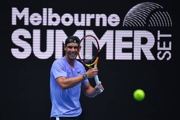 TENNIS MELBOURNE SUMMER SET, Rafael Nadal of Spain trains during a practice session on Day 3 of the Melbourne Summer Set tennis tournament at Melbourne Park in Melbourne, Wednesday, January 5, 2022. ( NO ARCHIVING, EDITORIAL USE ONLY, NO USE IN BOOKS WITHOUT CONSENT MELBOURNE VIC AUSTRALIA  Copyright: xJAMESxROSSx 20220105001610897945