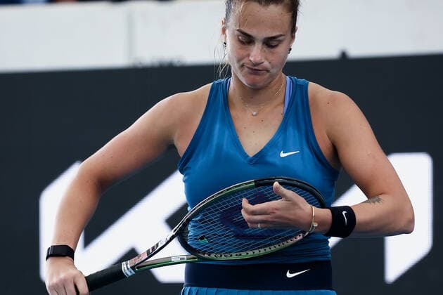ADELAIDE, AUSTRALIA - JANUARY 05: Aryna Sabalenka of Belarus reacts on a point during the WTA, Tennis Damen singles match between Kaja Juvan of Slovenia and Aryna Sabalenka of Belarus on day three of the Adelaide International tennis tournament at Memorial Drive on January 05, 2022 in Adelaide, Australia. (Photo by Peter Mundy Speed Media Icon Sportswire) TENNIS: JAN 05 Adelaide International Icon220105066