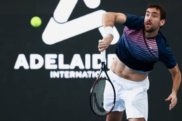 ADELAIDE, AUSTRALIA - JANUARY 05: Marin Cilic of Croatia serves the ball during the ATP, Tennis Herren singles match between Thiago Monteiro of Brazil and Marin Cilic of Croatia on day three of the Adelaide International tennis tournament at Memorial Drive on January 05, 2022 in Adelaide, Australia. (Photo by Peter Mundy Speed Media Icon Sportswire) TENNIS: JAN 05 Adelaide International Icon220105163