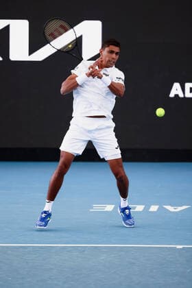 ADELAIDE, AUSTRALIA - JANUARY 05: Thiago Monteiro of Brazil plays a forehand during the ATP, Tennis Herren singles match between Thiago Monteiro of Brazil and Marin Cilic of Croatia on day three of the Adelaide International tennis tournament at Memorial Drive on January 05, 2022 in Adelaide, Australia. (Photo by Peter Mundy Speed Media Icon Sportswire) TENNIS: JAN 05 Adelaide International Icon220105170