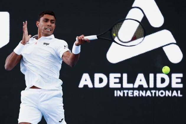 ADELAIDE, AUSTRALIA - JANUARY 05: Thiago Monteiro of Brazil plays a forehand during the ATP, Tennis Herren singles match between Thiago Monteiro of Brazil and Marin Cilic of Croatia on day three of the Adelaide International tennis tournament at Memorial Drive on January 05, 2022 in Adelaide, Australia. (Photo by Peter Mundy Speed Media Icon Sportswire) TENNIS: JAN 05 Adelaide International Icon220105173