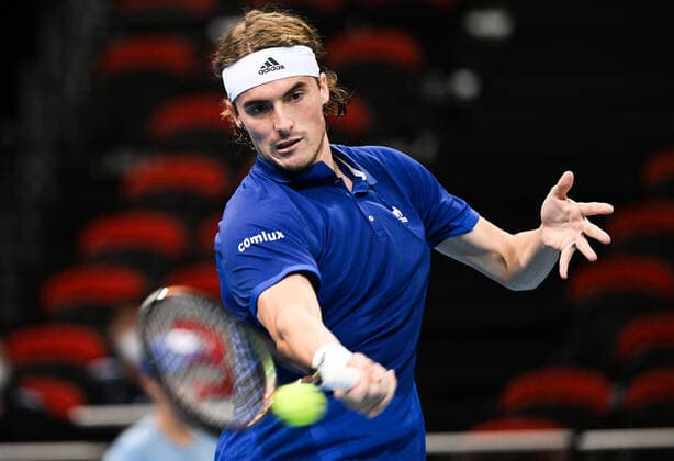 TENNIS ATP, Tennis Herren CUP, Stefanos Tsitsipas of Team Greece in action against Nikoloz Basilashvili of Team Georgia in his match against on Day 5 of the ATP Cup tennis tournament at the Qudos Bank Arena in Sydney, Wednesday, January 5, 2022. ( NO ARCHIVING, EDITORIAL USE ONLY, NO USE IN BOOKS WITHOUT CONSENT SYDNEY NSW AUSTRALIA  Copyright: xJAMESxGOURLEYx 20220105001610956781